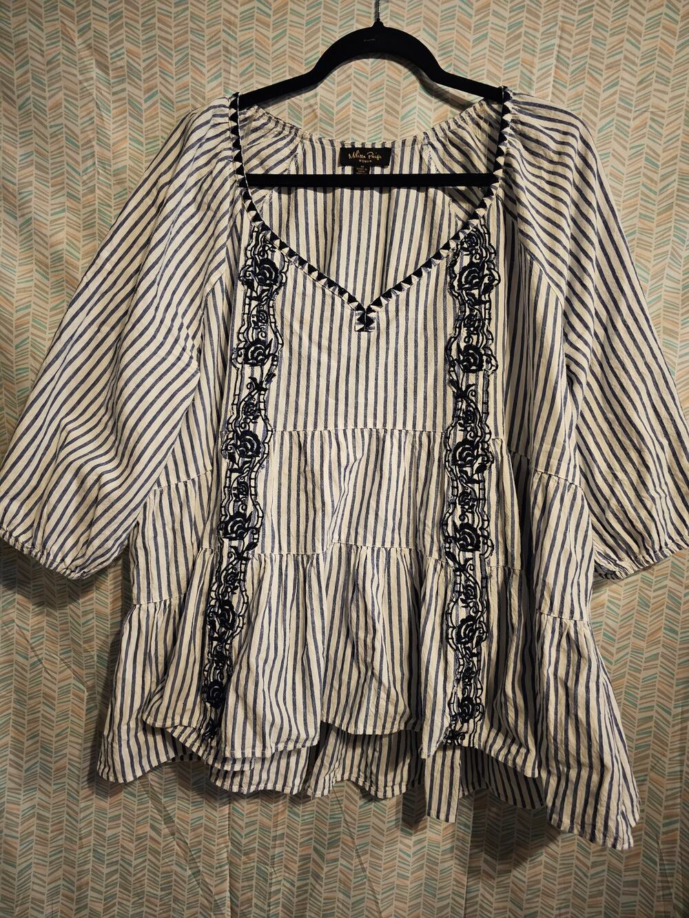 Melissa Paige Woman Cotton/Linen v-neck Striped Floral Embroidered Shirt 1X